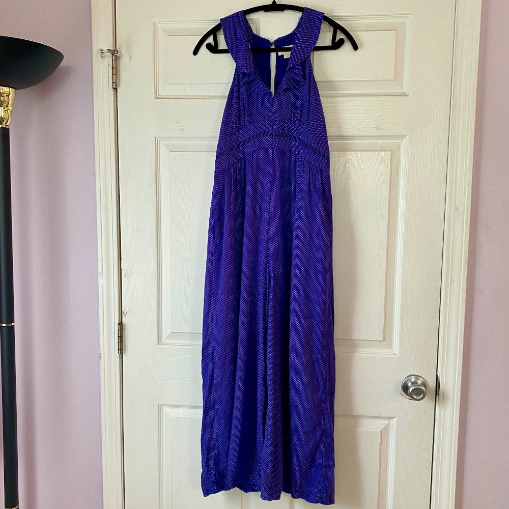 Anthropologie Maeve Justine Ruffled Polka Dot Jumpsuit Navy Purple Size 4
